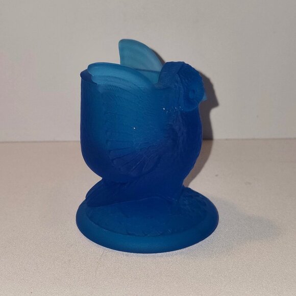 Vintage Cerulean Blue Frosted Glass Owl toothpick holder  3" glass, aqua, ocean - Picture 2 of 6